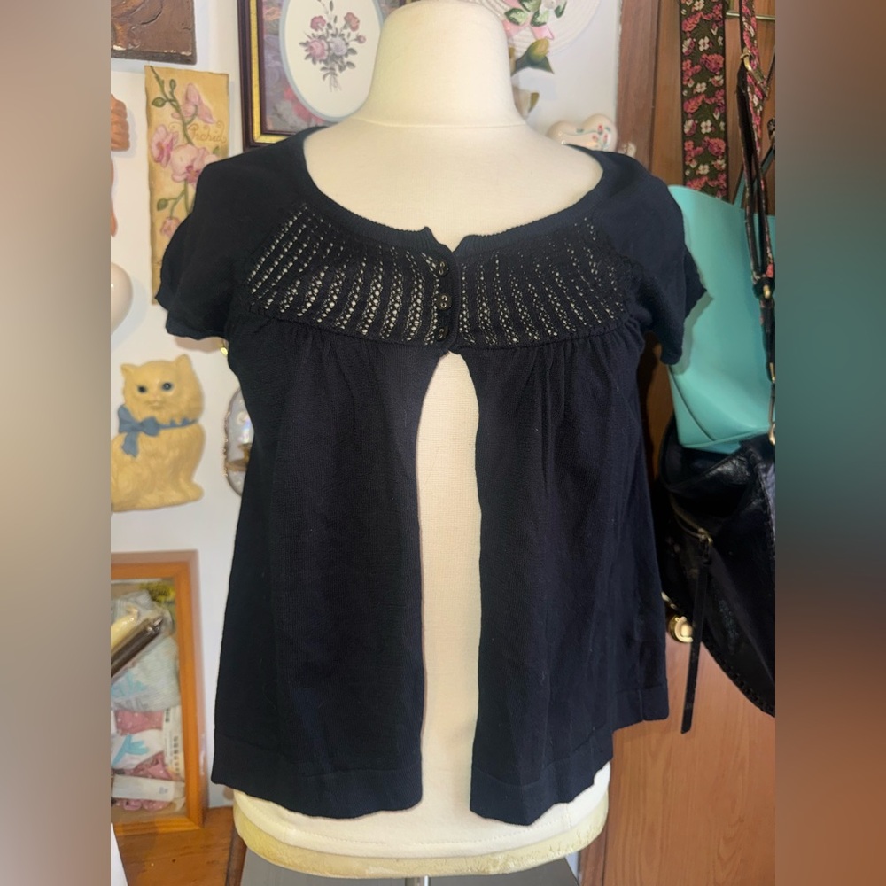 Mossimo Supply Co. Black Short-Sleeve Open Cardigan with Knit Yoke
